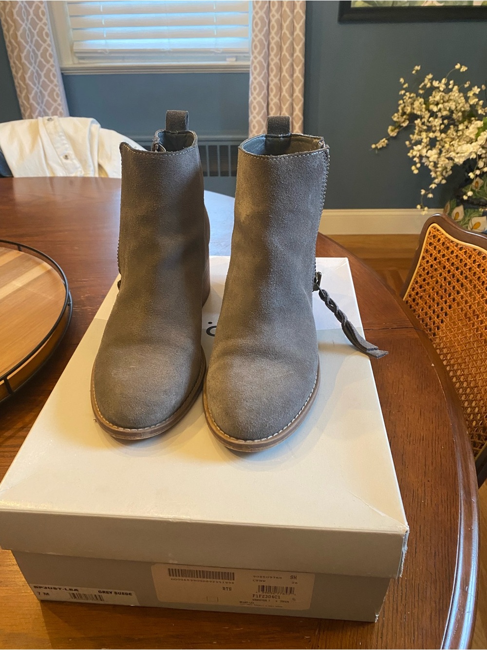 bp Gray Suede Ankle Booties with Braided Pull Tab